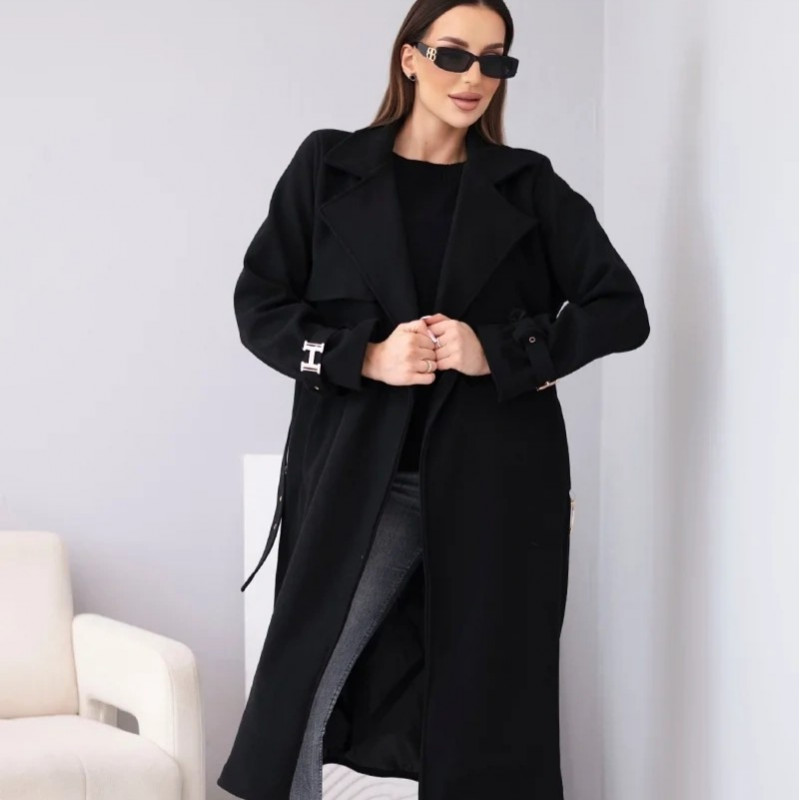 Elegants mētelis ar jostu - melns