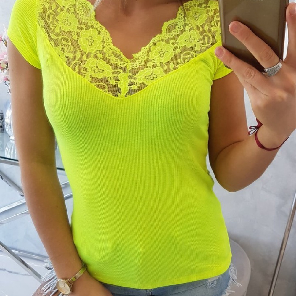 Rievots t-krekls ar mežģīnēm - neona dzeltens