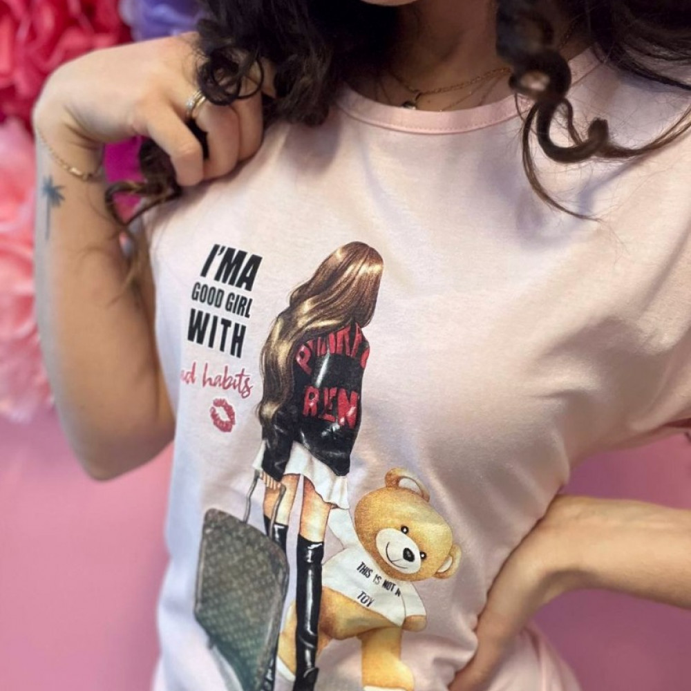  T-krekls "Good girl with bad habits" - rozā